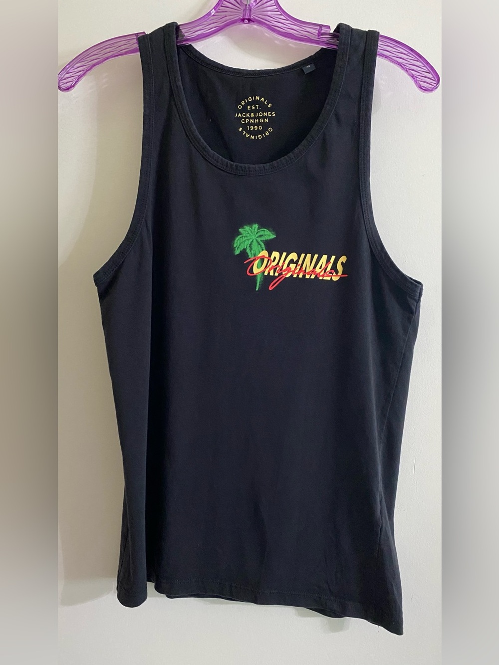 Jack & Jones Black Tank Top with Green Palm & Yellow Logo